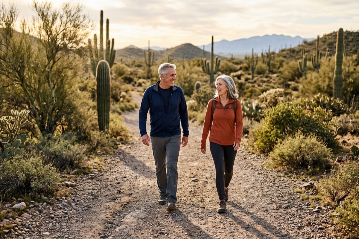 A couple walking briskly on a Sonoran desert trail in warm morning light